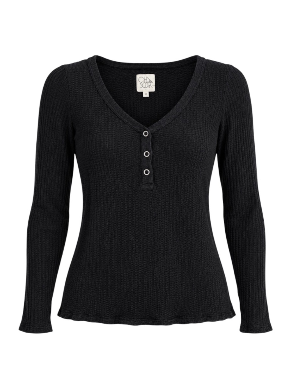 CHASER Black 3-Button V-Neck Long Sleeve Thermal Waffle Top Size M